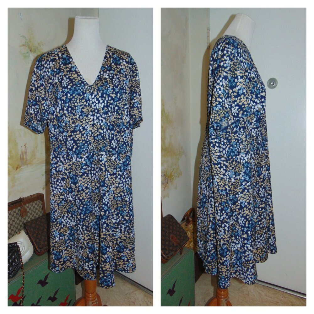 MICHAEL KORS Dressv Navy Blue Beige White Floral Career Womens Flare A-Line 3X